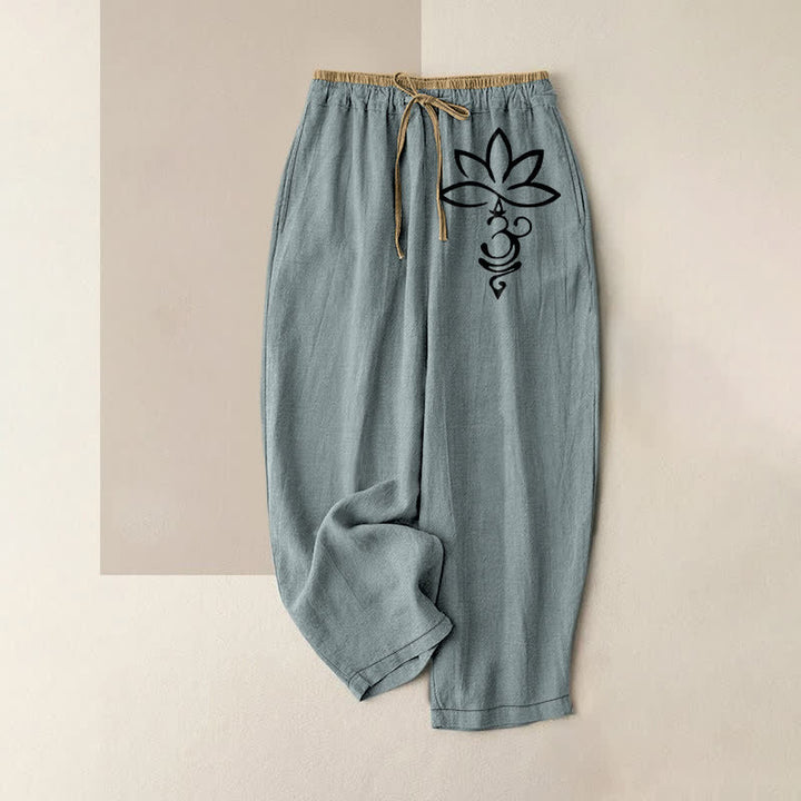 Buddha Stones Pure Cotton Lotus Om Pattern Women's Elastic Waist Pants With Pockets - CadetBlue - US16，UK/AU20，EU48 (3XL) - image 4