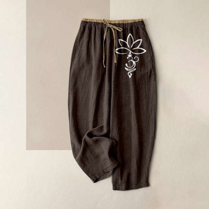 Buddha Stones Pure Cotton Lotus Om Pattern Women's Elastic Waist Pants With Pockets - SaddleBrown - US16，UK/AU20，EU48 (3XL) - image 8