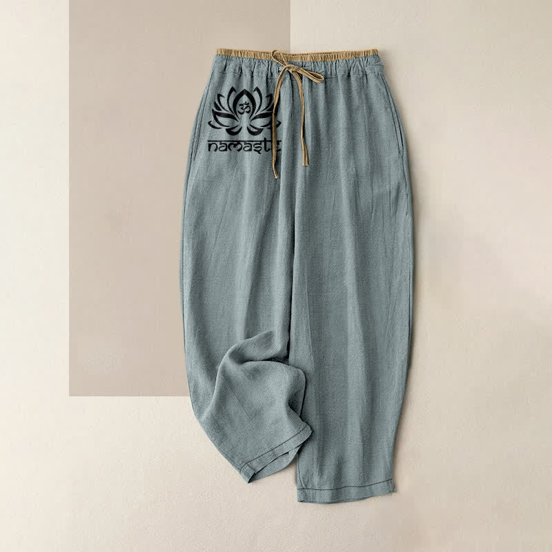 Buddha Stones Pure Cotton Namaste Lotus Pattern Women's Elastic Waist Pants With Pockets - CadetBlue - US16，UK/AU20，EU48 (3XL) - image 8