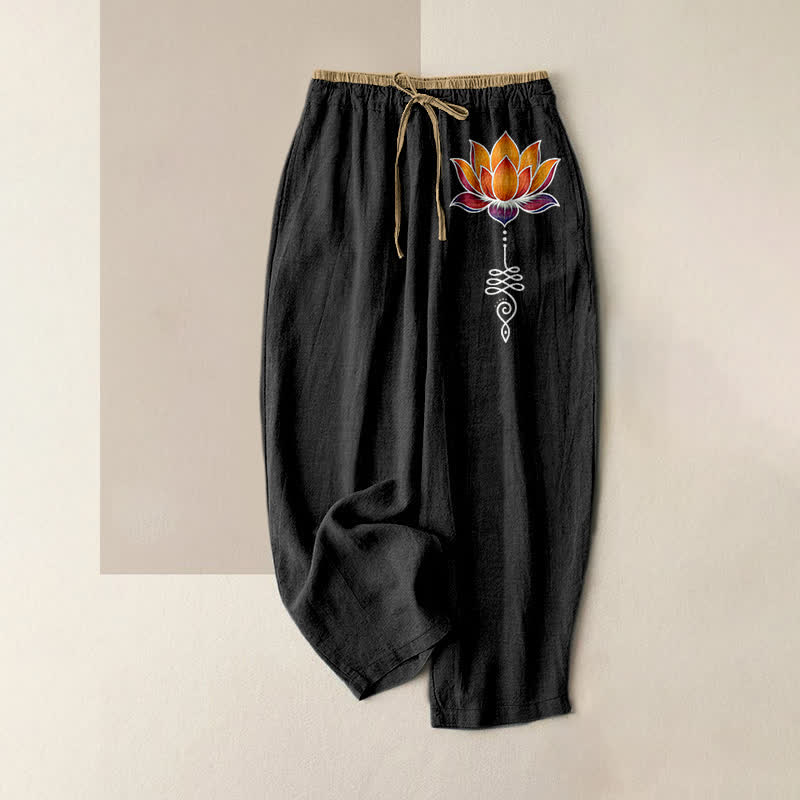 Buddha Stones Pure Cotton Orange Lotus Pattern Women's Elastic Waist Pants With Pockets - Black - US16，UK/AU20，EU48 (3XL) - image 0