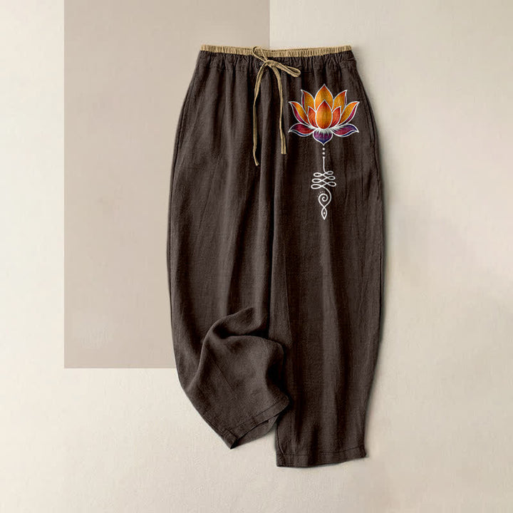Buddha Stones Pure Cotton Orange Lotus Pattern Women's Elastic Waist Pants With Pockets - SaddleBrown - US16，UK/AU20，EU48 (3XL) - image 4
