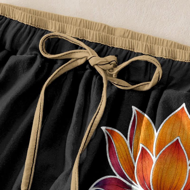 Buddha Stones Pure Cotton Orange Lotus Pattern Women's Elastic Waist Pants With Pockets - image 1