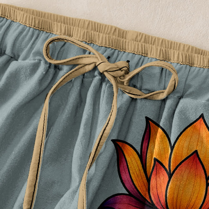 Buddha Stones Pure Cotton Orange Lotus Pattern Women's Elastic Waist Pants With Pockets - image 9