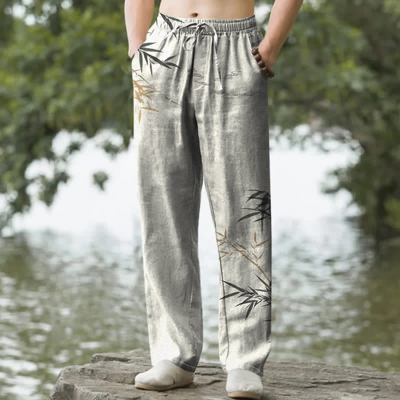 Buddha Stones Cotton Ink Bamboo Pattern Men's Tapered Pants With Pockets - Linen - US/UK/AU50，EU60 (5XL) - image 0