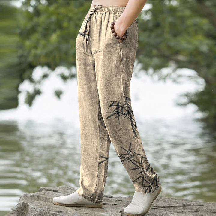 Buddha Stones Cotton Ink Bamboo Pattern Men's Tapered Pants With Pockets - image 7