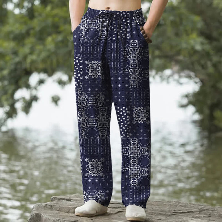 Buddha Stones Cotton Bohemian Bandana Pattern Men's Tapered Pants With Pockets - Navy - US/UK/AU50，EU60 (5XL) - image 0