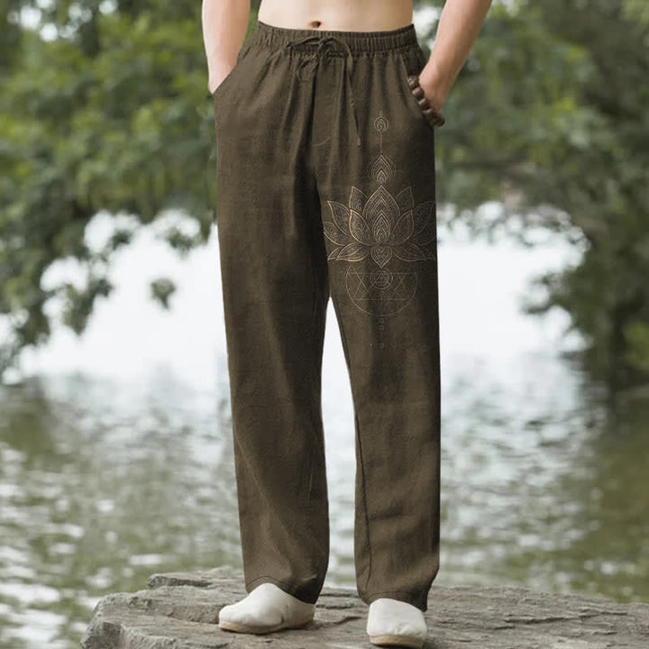 Buddha Stones Cotton Lotus Mandala Pattern Men's Tapered Pants With Pockets - Olive - US/UK/AU50，EU60 (5XL) - image 6