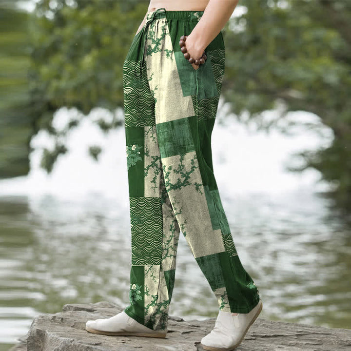 Buddha Stones Cotton Patchwork Wave Floral Pattern Men's Tapered Pants With Pockets - image 7