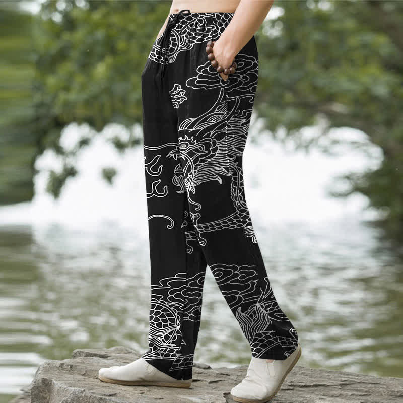 Buddha Stones Cotton Oriental Dragon Cloud Pattern Men's Tapered Pants With Pockets - image 1