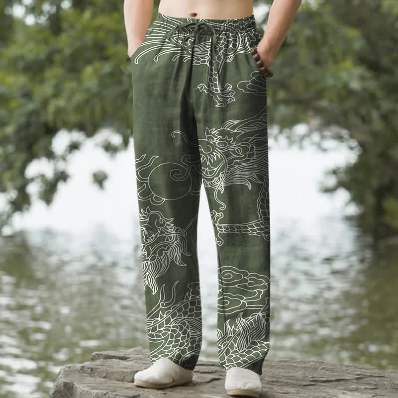 Buddha Stones Cotton Oriental Dragon Cloud Pattern Men's Tapered Pants With Pockets - DarkSeaGreen - US/UK/AU50，EU60 (5XL) - image 4