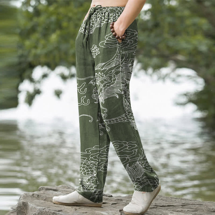 Buddha Stones Cotton Oriental Dragon Cloud Pattern Men's Tapered Pants With Pockets - image 5