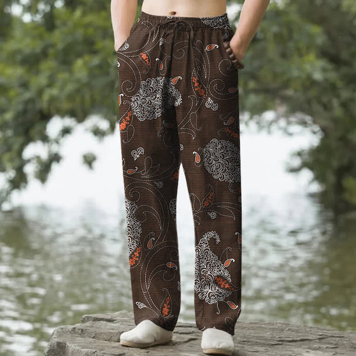 Buddha Stones Cotton Bohemian Floral Vine Pattern Men's Tapered Pants With Pockets - SaddleBrown - US/UK/AU50，EU60 (5XL) - image 0