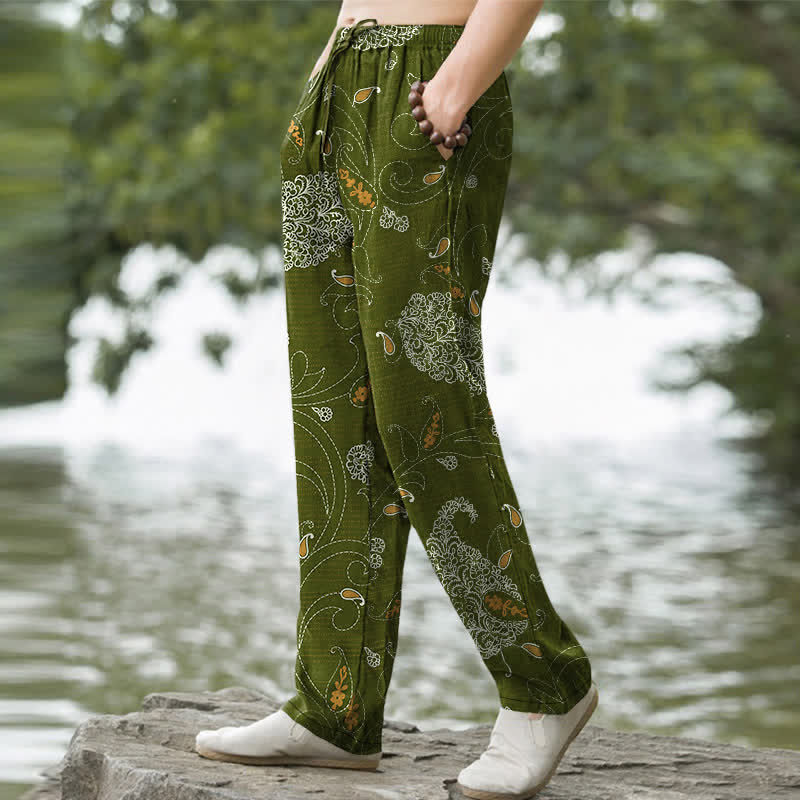 Buddha Stones Cotton Bohemian Floral Vine Pattern Men's Tapered Pants With Pockets - image 5