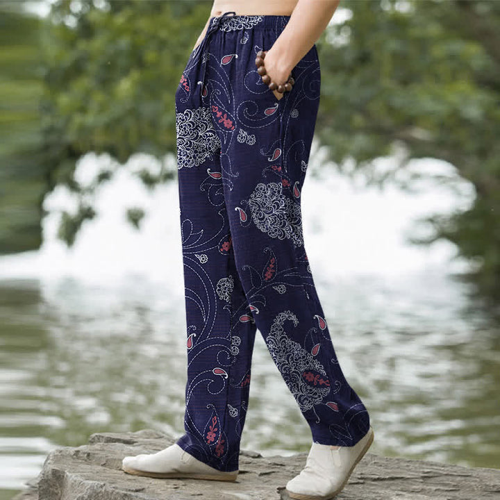Buddha Stones Cotton Bohemian Floral Vine Pattern Men's Tapered Pants With Pockets - image 7