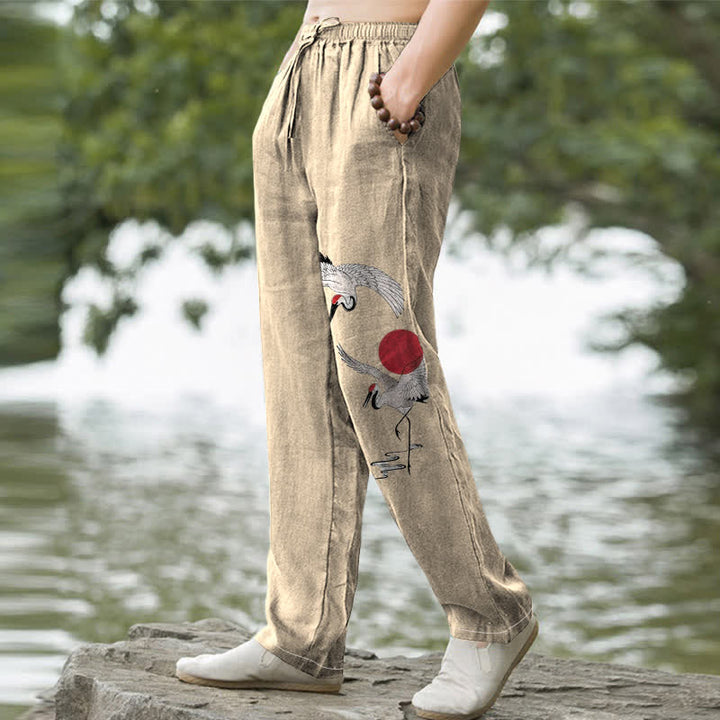 Buddha Stones Cotton Red Sun Crane Pattern Men's Tapered Pants With Pockets - image 5
