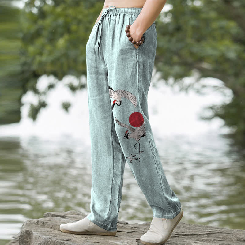 Buddha Stones Cotton Red Sun Crane Pattern Men's Tapered Pants With Pockets - image 7