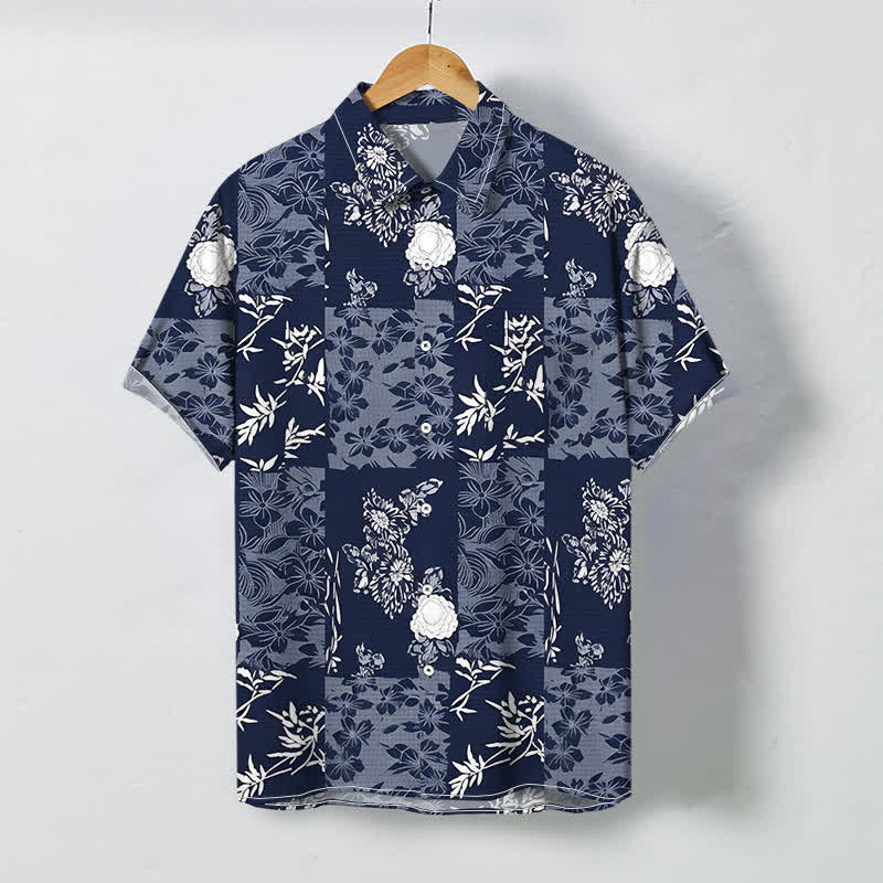 Buddha Stones Blue Plaid Floral Pattern Buttons Breathable Men's Short Sleeve Shirt - Navy - US/UK/AU48，EU58 (4XL) - image 0