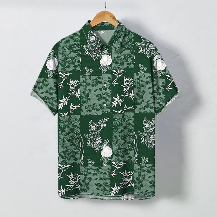 Buddha Stones Blue Plaid Floral Pattern Buttons Breathable Men's Short Sleeve Shirt - DarkGreen - US/UK/AU48，EU58 (4XL) - image 6