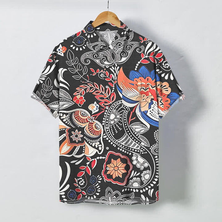 Buddha Stones Vintage Floral Paisley Pattern Buttons Breathable Men's Short Sleeve Shirt - Black - US/UK/AU48，EU58 (4XL) - image 0
