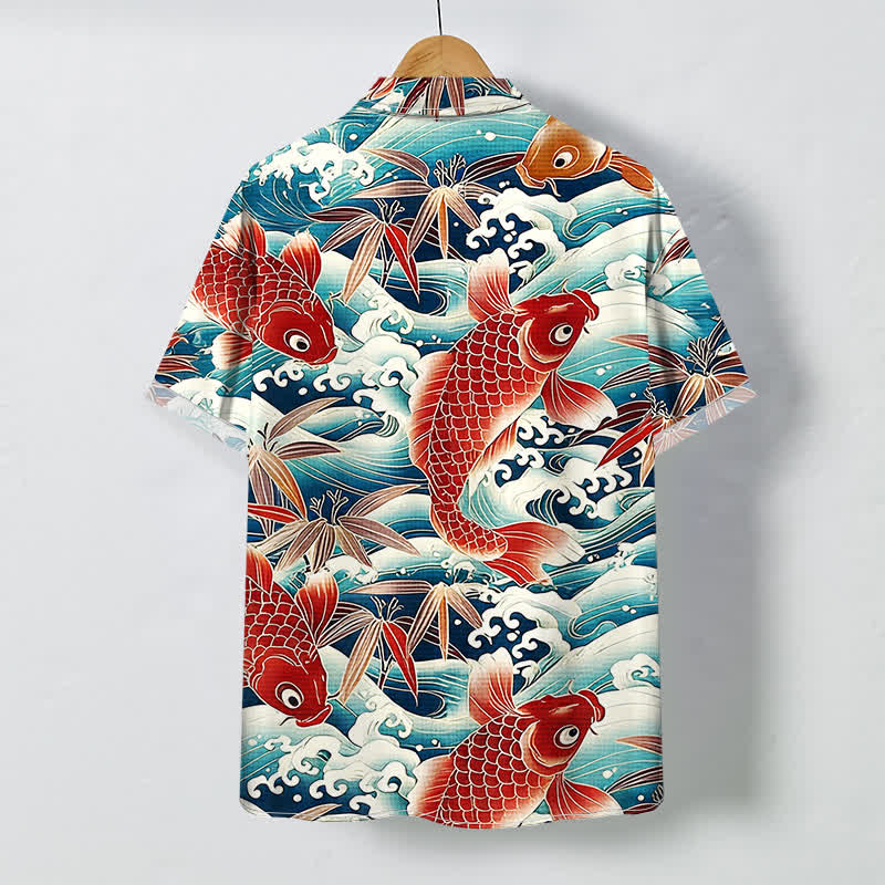 Buddha Stones Koi Wave Bamboo Pattern Buttons Breathable Men's Short Sleeve Shirt - image 1