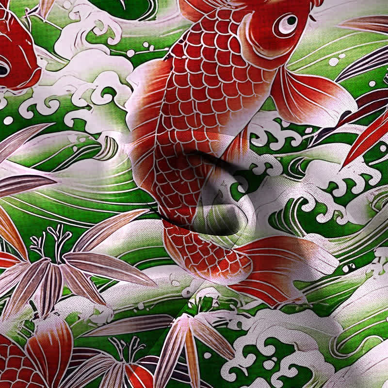 Buddha Stones Koi Wave Bamboo Pattern Buttons Breathable Men's Short Sleeve Shirt - image 8