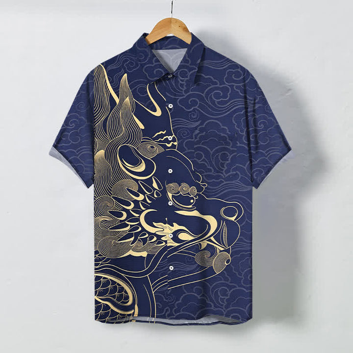 Buddha Stones Golden Dragon Cloud Pattern Buttons Wrinkle-resistant Men's Short Sleeve Shirt - Navy - US/UK/AU48，EU58 (4XL) - image 0