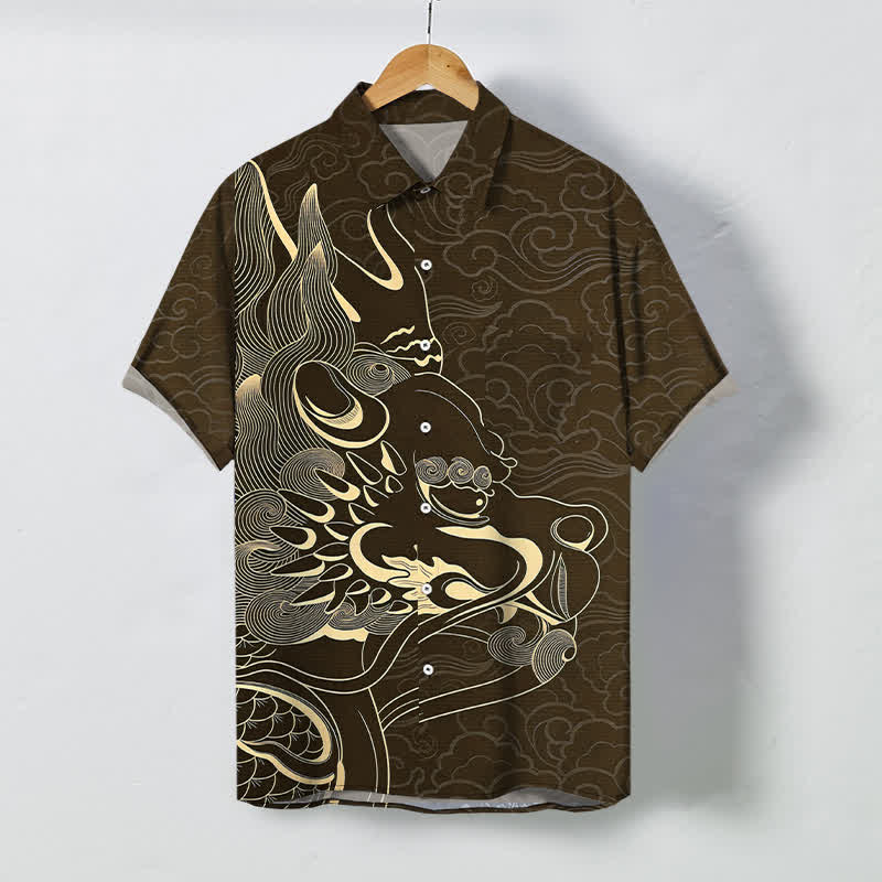 Buddha Stones Golden Dragon Cloud Pattern Buttons Wrinkle-resistant Men's Short Sleeve Shirt - SaddleBrown - US/UK/AU48，EU58 (4XL) - image 5