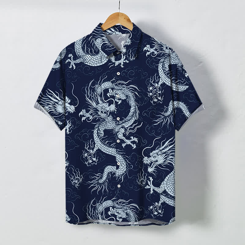 Buddha Stones Golden Dragon Cloud Pattern Buttons Wrinkle-resistant Men's Short Sleeve Shirt - Navy - US/UK/AU48，EU58 (4XL) - image 10
