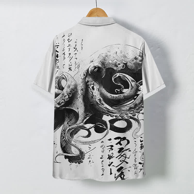 Buddha Stones Japanese Octopus Calligraphy Pattern Buttons Wrinkle-resistant Men's Short Sleeve Shirt - image 7