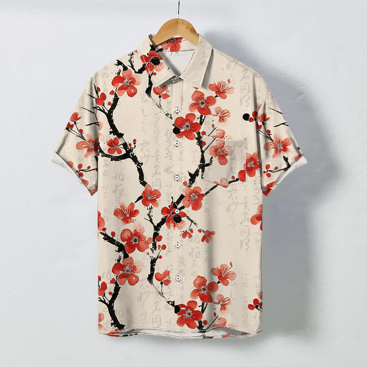 Buddha Stones Red Plum Blossom Branch Pattern Buttons Wrinkle-resistant Men's Short Sleeve Shirt - AntiqueWhite - US/UK/AU48，EU58 (4XL) - image 0
