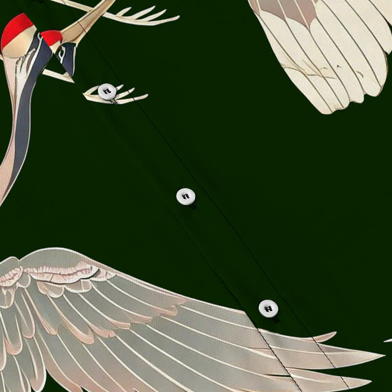 Buddha Stones Flying Red-crowned Crane Pattern Buttons Wrinkle-resistant Men's Short Sleeve Shirt - image 8