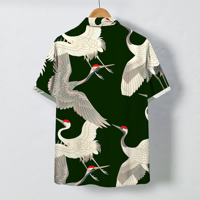 Buddha Stones Flying Red-crowned Crane Pattern Buttons Wrinkle-resistant Men's Short Sleeve Shirt - image 6