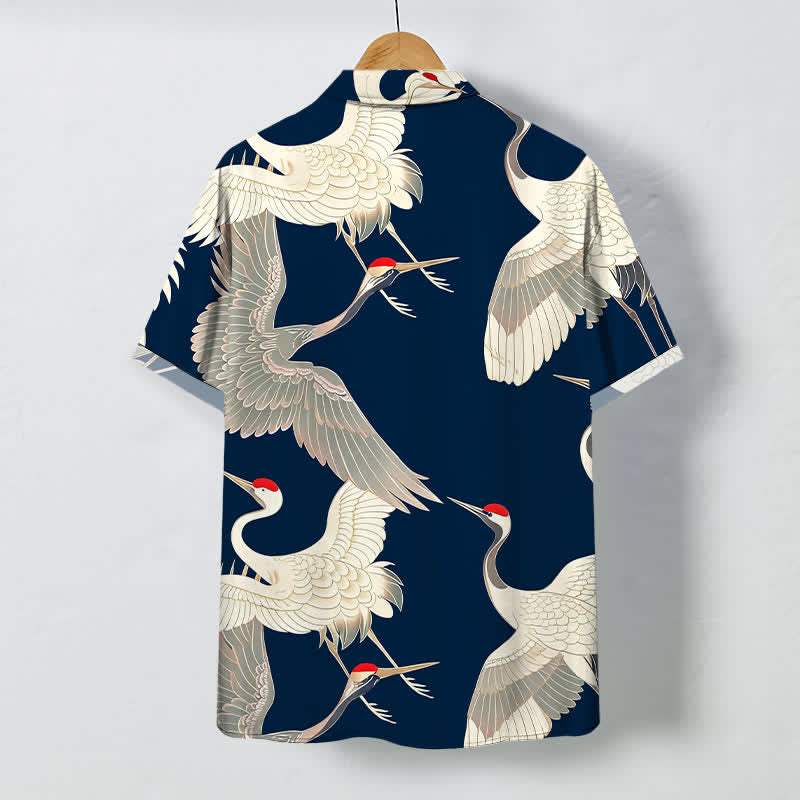 Buddha Stones Flying Red-crowned Crane Pattern Buttons Wrinkle-resistant Men's Short Sleeve Shirt - image 11