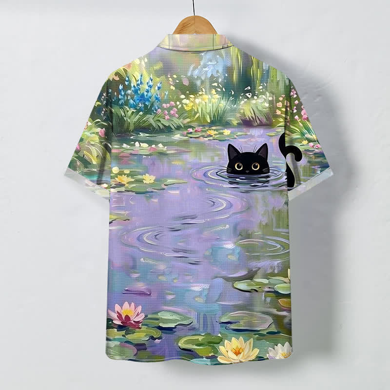 Buddha Stones Water Lily Black Cat Pattern Buttons Breathable Men's Short Sleeve Shirt - image 1