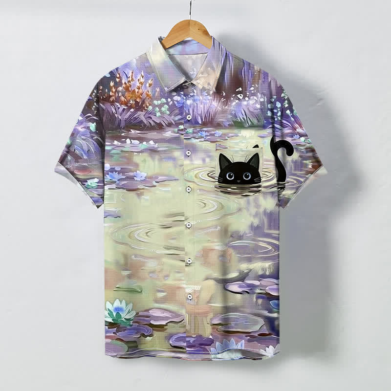 Buddha Stones Water Lily Black Cat Pattern Buttons Breathable Men's Short Sleeve Shirt - image 3