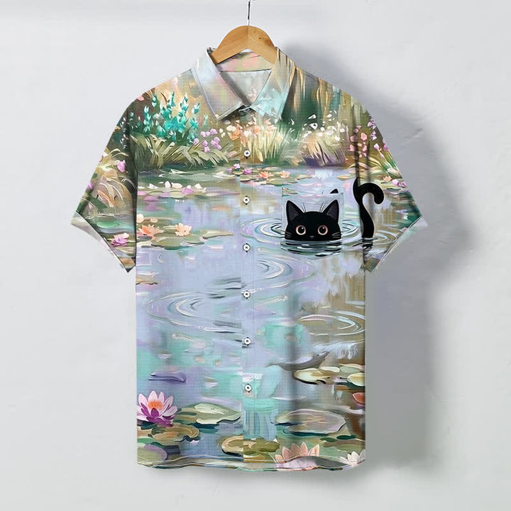 Buddha Stones Water Lily Black Cat Pattern Buttons Breathable Men's Short Sleeve Shirt - LightSteelBlue - US/UK/AU48，EU58 (4XL) - image 6