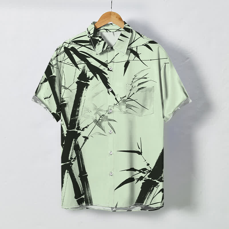 Buddha Stones Ink Bamboo Pattern Buttons Wrinkle-resistant Men's Short Sleeve Shirt - PaleGreen - US/UK/AU48，EU58 (4XL) - image 3