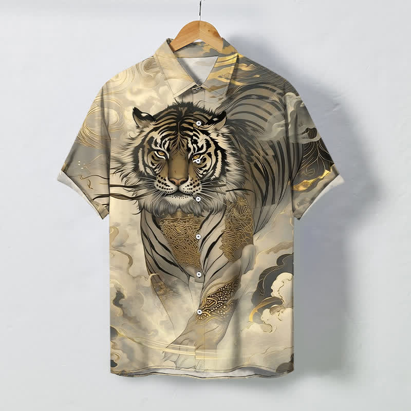 Buddha Stones Tiger Cloud Wave Pattern Buttons Wrinkle-resistant Men's Short Sleeve Shirt - Beige - US/UK/AU48，EU58 (4XL) - image 0
