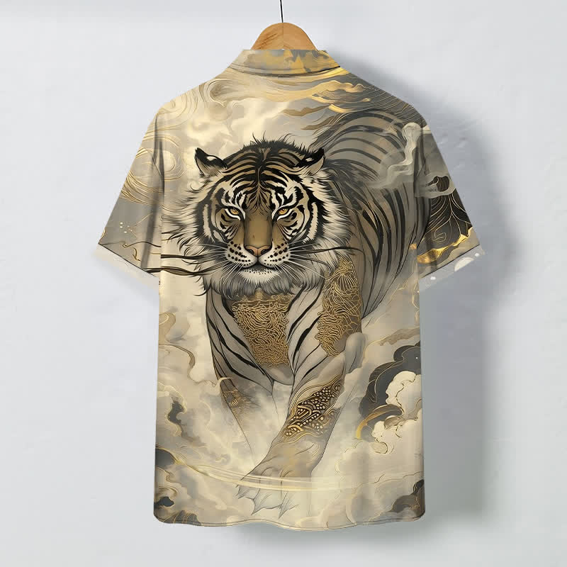 Buddha Stones Tiger Cloud Wave Pattern Buttons Wrinkle-resistant Men's Short Sleeve Shirt - image 1