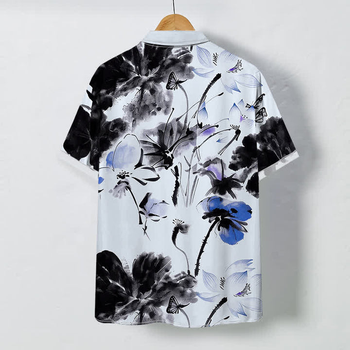 Buddha Stones Ink Floral Blossom Pattern Buttons Breathable Men's Short Sleeve Shirt - image 7