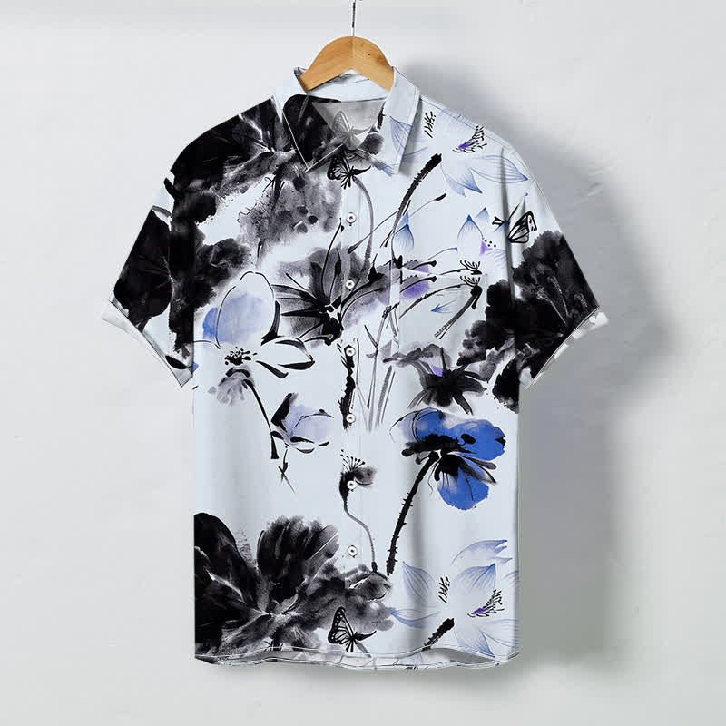 Buddha Stones Ink Floral Blossom Pattern Buttons Breathable Men's Short Sleeve Shirt - LightBlue - US/UK/AU48，EU58 (4XL) - image 6