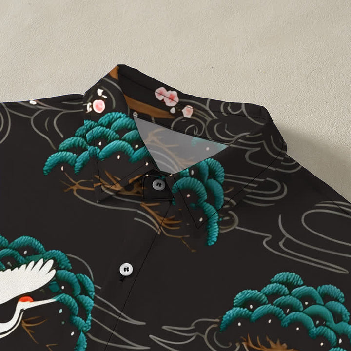 Buddha Stones Crane Pine Blossom Cloud Pattern Buttons Breathable Men's Short Sleeve Shirt - image 2