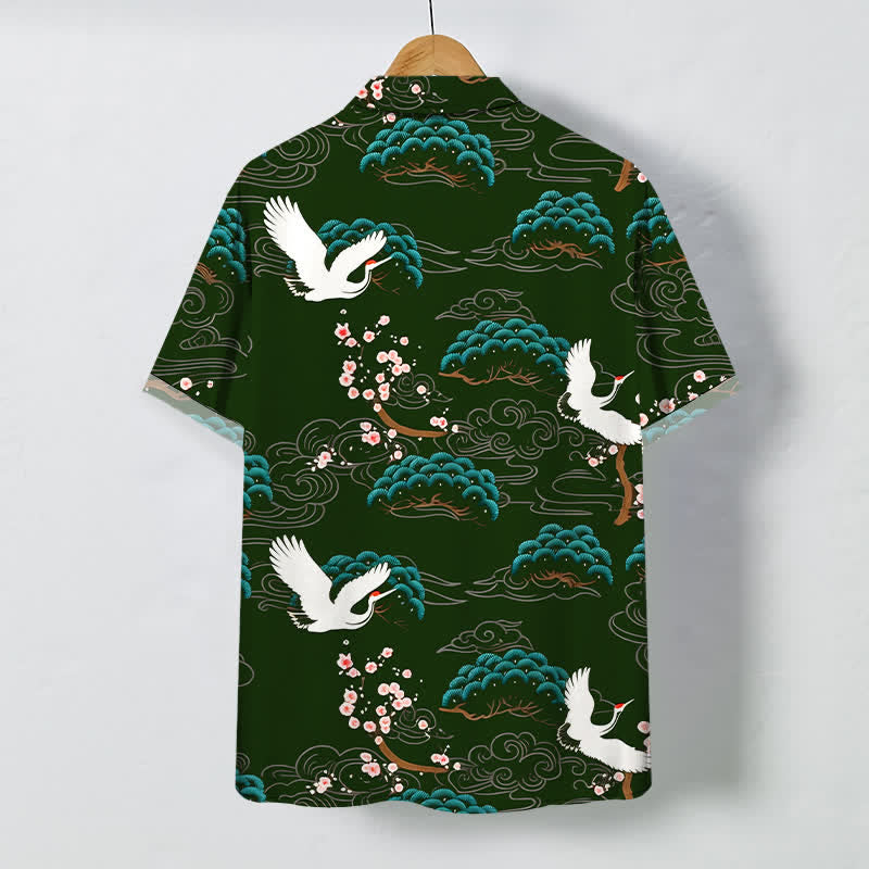 Buddha Stones Crane Pine Blossom Cloud Pattern Buttons Breathable Men's Short Sleeve Shirt - image 6