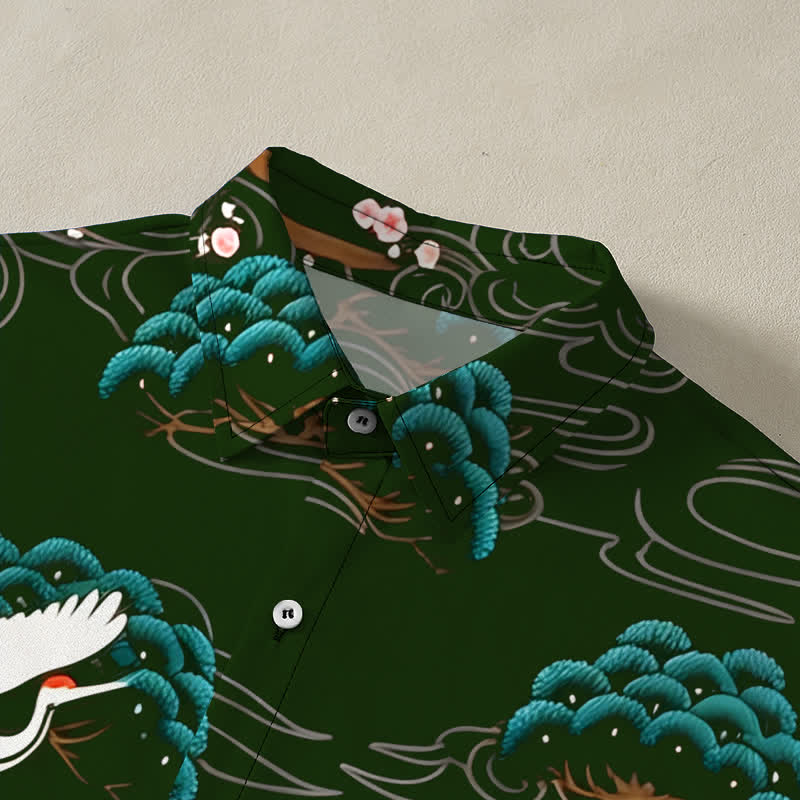 Buddha Stones Crane Pine Blossom Cloud Pattern Buttons Breathable Men's Short Sleeve Shirt - image 7