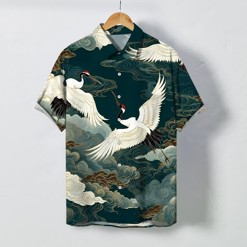 Buddha Stones Flying Red-crowned Crane Auspicious Clouds Pattern Buttons Wrinkle-resistant Men's Short Sleeve Shirt - Teal - US/UK/AU48，EU58 (4XL) - image 0
