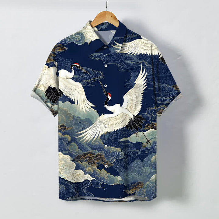 Buddha Stones Flying Red-crowned Crane Auspicious Clouds Pattern Buttons Wrinkle-resistant Men's Short Sleeve Shirt - Navy - US/UK/AU48，EU58 (4XL) - image 10