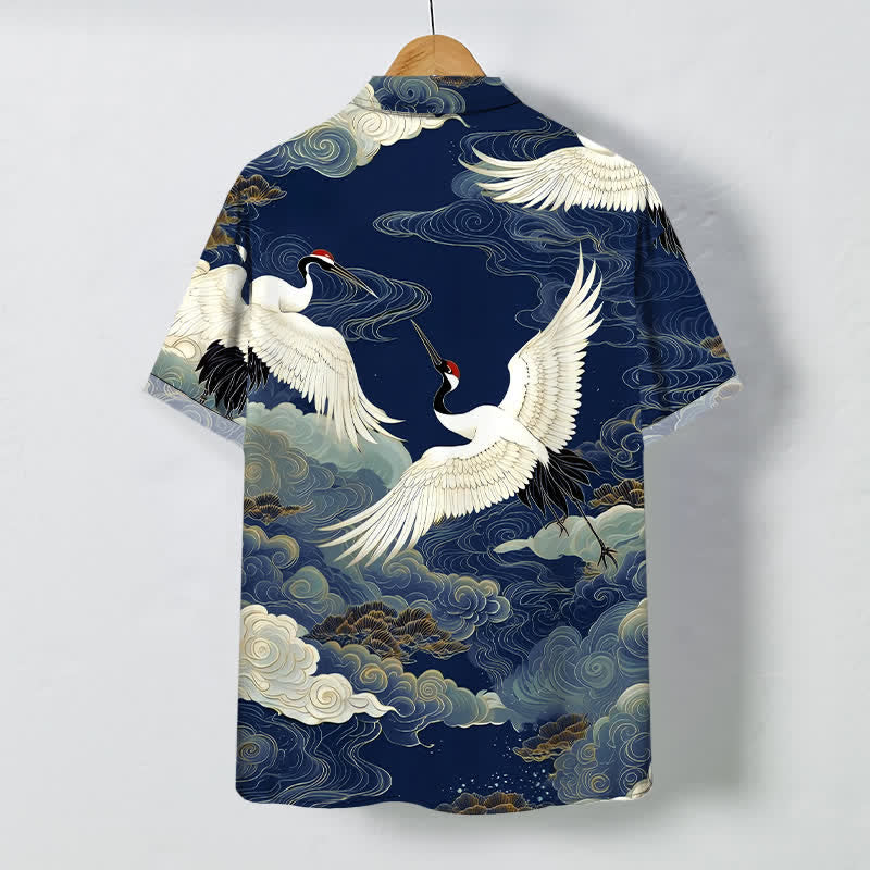 Buddha Stones Flying Red-crowned Crane Auspicious Clouds Pattern Buttons Wrinkle-resistant Men's Short Sleeve Shirt - image 11