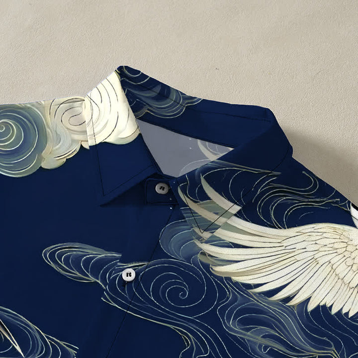 Buddha Stones Flying Red-crowned Crane Auspicious Clouds Pattern Buttons Wrinkle-resistant Men's Short Sleeve Shirt - image 12