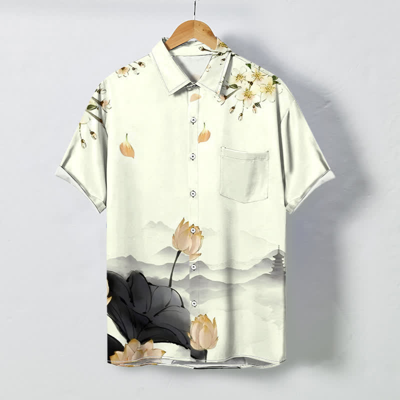 Buddha Stones Lotus Mountain Pagoda Pattern Buttons Wrinkle-resistant Men's Short Sleeve Shirt - Cornsilk - US/UK/AU48，EU58 (4XL) - image 3