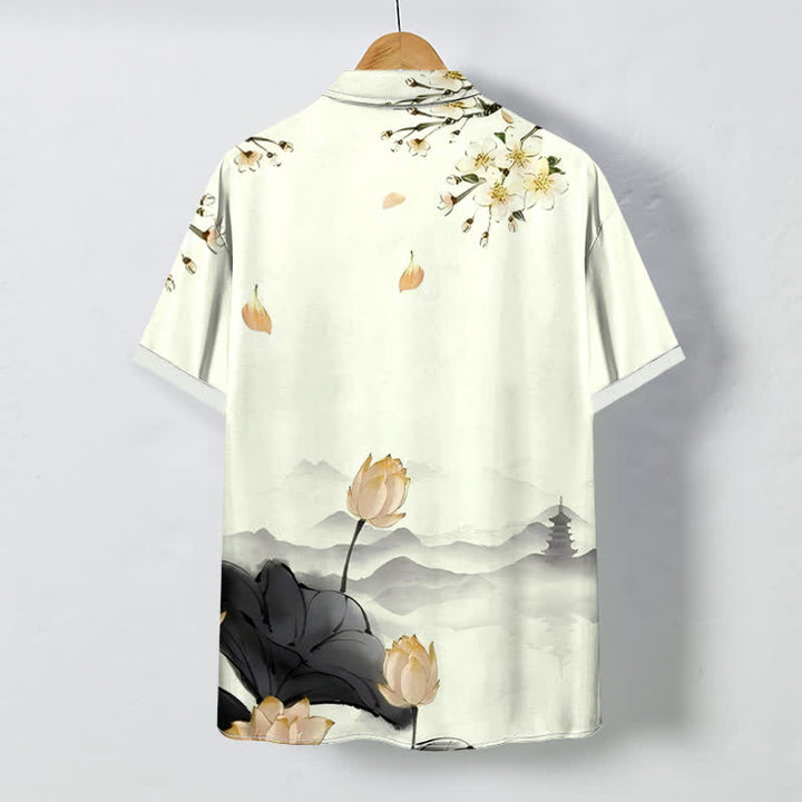 Buddha Stones Lotus Mountain Pagoda Pattern Buttons Wrinkle-resistant Men's Short Sleeve Shirt - image 4